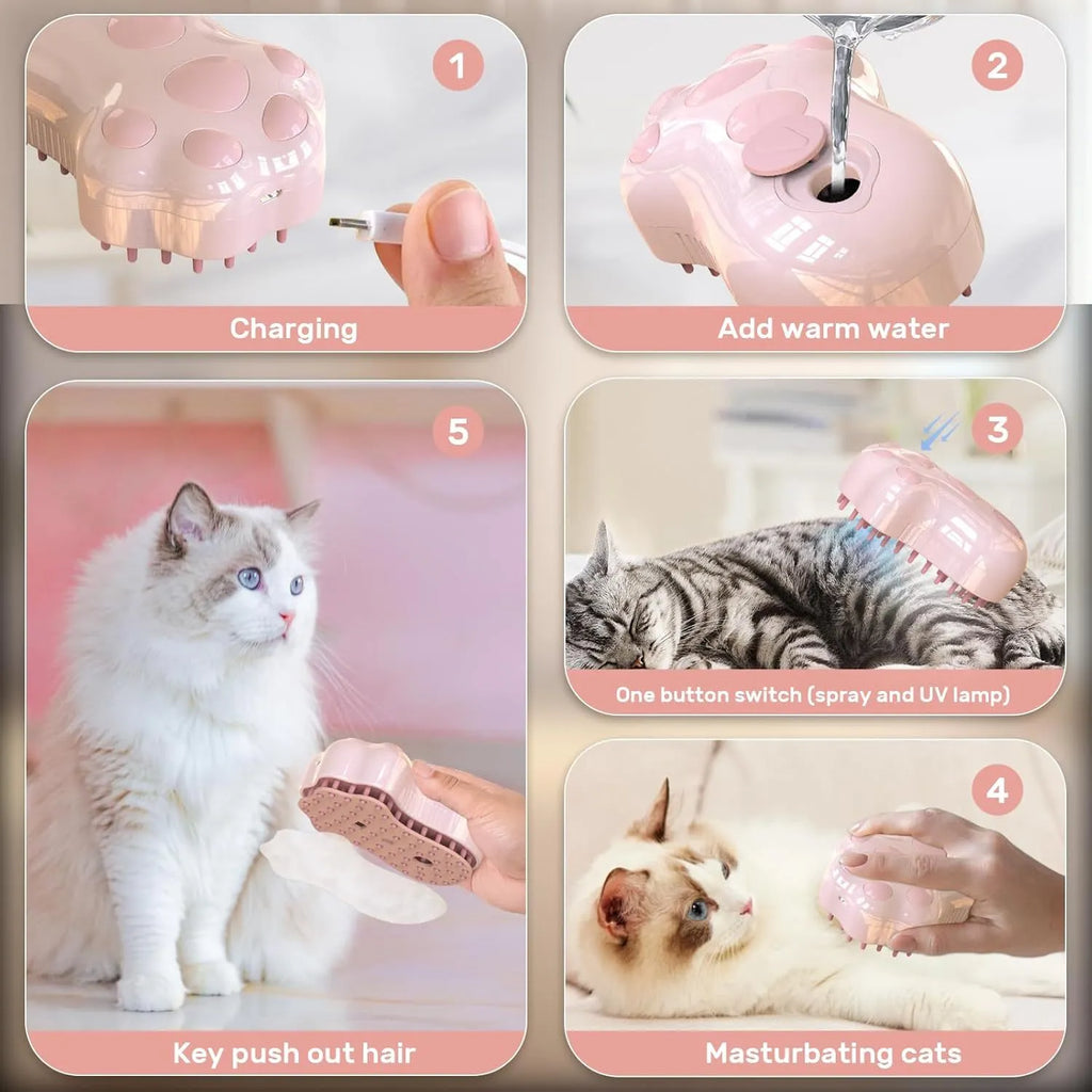 Blue self-cleaning cat steam brush with silicone bristles and rechargeable spray tank