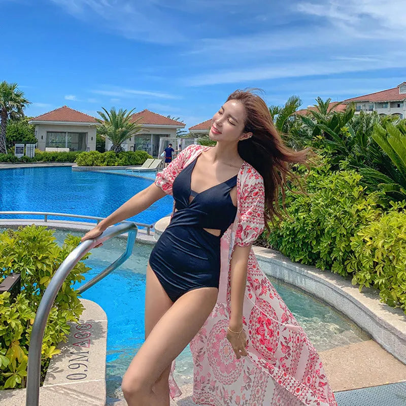 Women's dark blue hollow siamese design one-piece swimsuit