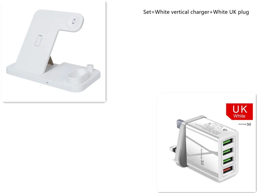 4-in-1 wireless charging dock showing iPhone, Apple Watch, AirPods and Apple Pencil charging simultaneously on adjustable stand.