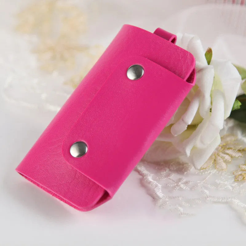 Colourful button closure PU leather key case in square vertical shape with soft plain finish