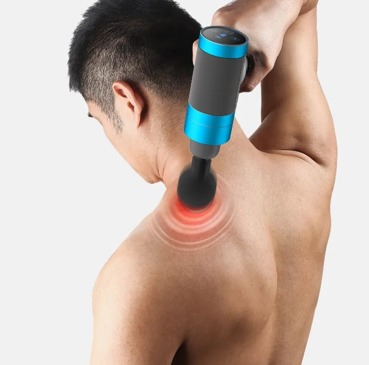 USB rechargeable muscle massager in grey with space aluminium body and silicone head