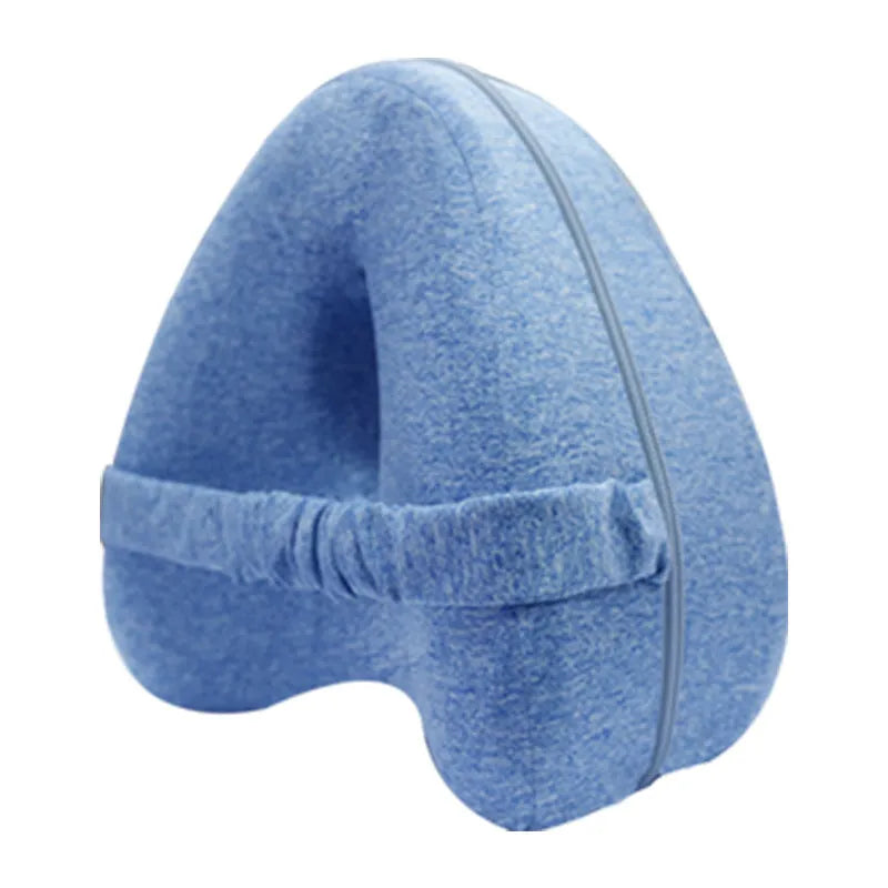 Dark blue jacquard love heart-shaped memory foam leg pillow for knee and hip support.