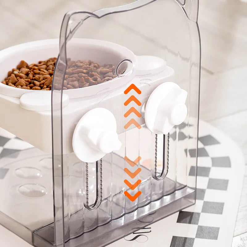 Grey cat feeding bowl with anti-spill design and adjustable height on removable hanging cage