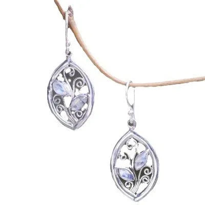 Silver leaf-shaped drop earrings with colourful moonstone centrepieces for women