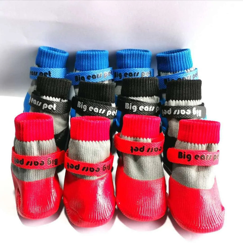 Pair of soft-bottom dog shoe covers in blue, red, or black with waterproof non-slip knitted glue sole, sizes S to XL