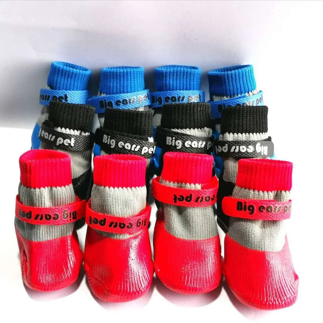 Pair of soft-bottom dog shoe covers in blue, red, or black with waterproof non-slip knitted glue sole, sizes S to XL