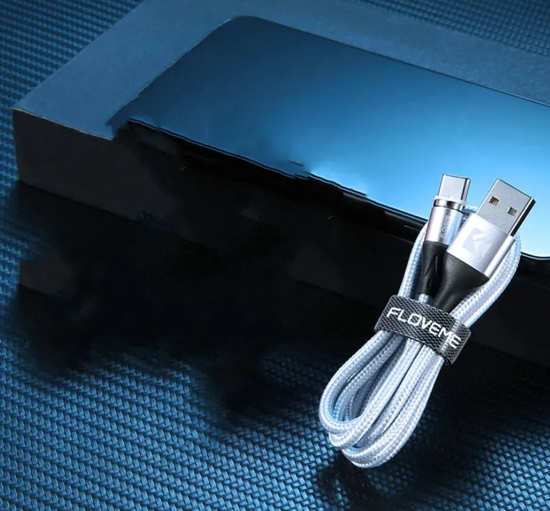 Black magnetic USB fast-charging cable with LED light, compatible with Apple iPhone and Android phones