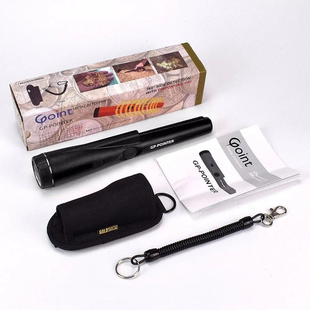 Garrett Pro Pointer handheld pinpointer metal detector in black on a table with belt holster