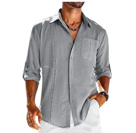 Men's grey long sleeve button-up shirt with lace detail on collar and a chest pocket.