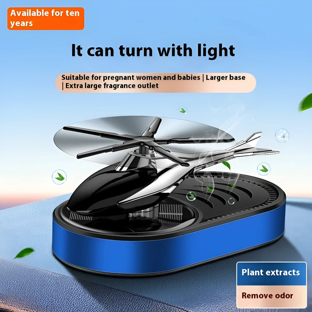 Solar car aromatherapy ornament in black, blue, silver or red plastic with environmentally friendly spice fragrant tablet for dashboard odour removal