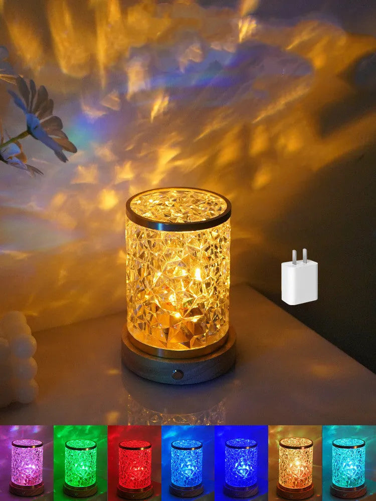 Rotating water ripple night light on solid wood base with USB charging cable