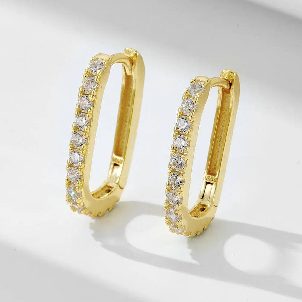 Sterling silver geometric ear clip earrings with oval zircon stones in European-American style