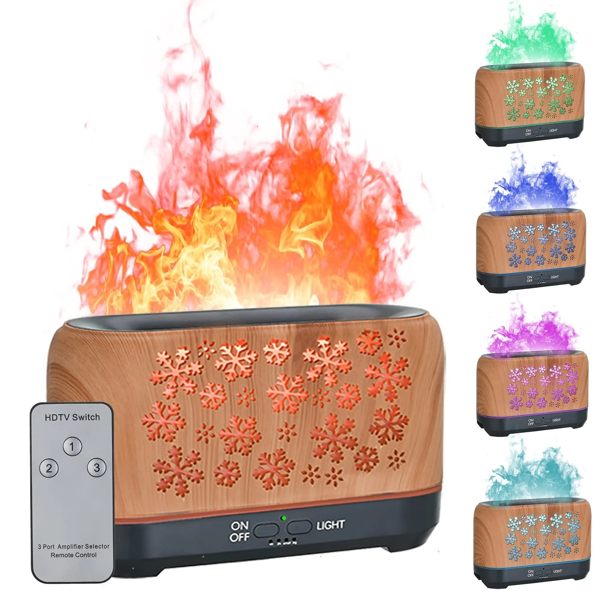 Square desktop aromatherapy humidifier with colourful snowflake wood grain pattern and flame effect lighting