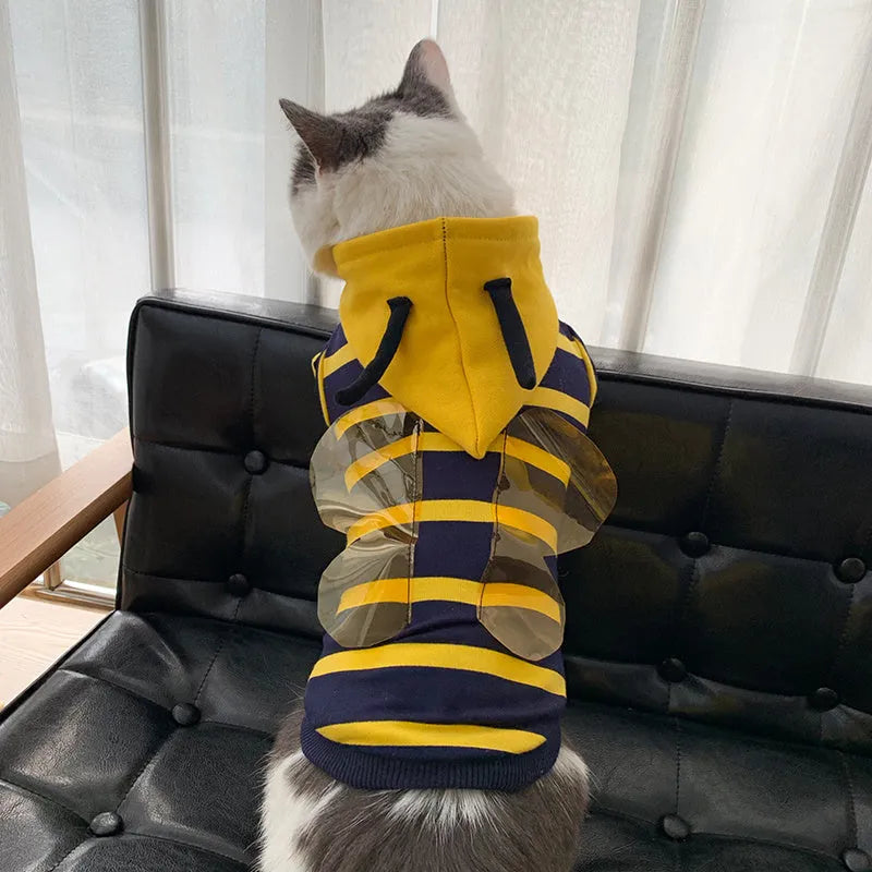 Yellow striped bee costume plush hoodie for bulldog pet cotton winter jacket in yellow and black design