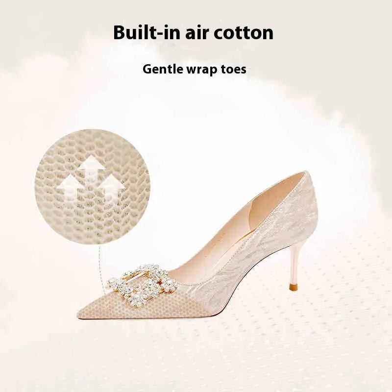 Champagne gold women's high heels with pointed toe and stiletto heel on white background