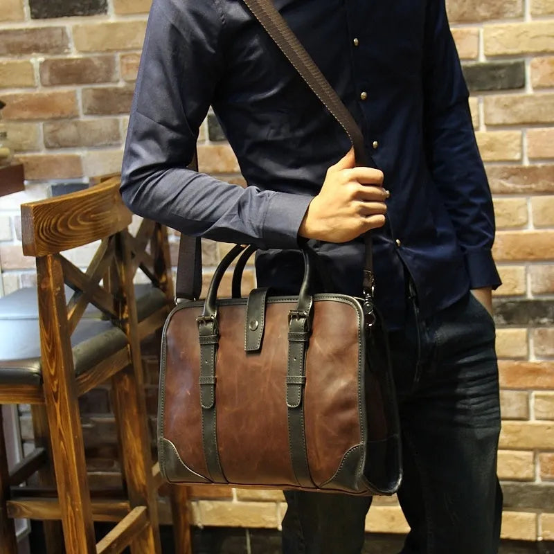 Men's cowhide leather handbag in black, horizontal square shape, medium size, with zipper closure and hard handle