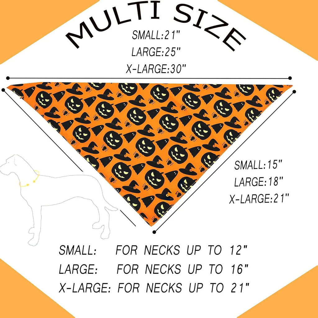 Halloween reversible dog bandana showing pumpkin and spider web patterns in black and orange colours