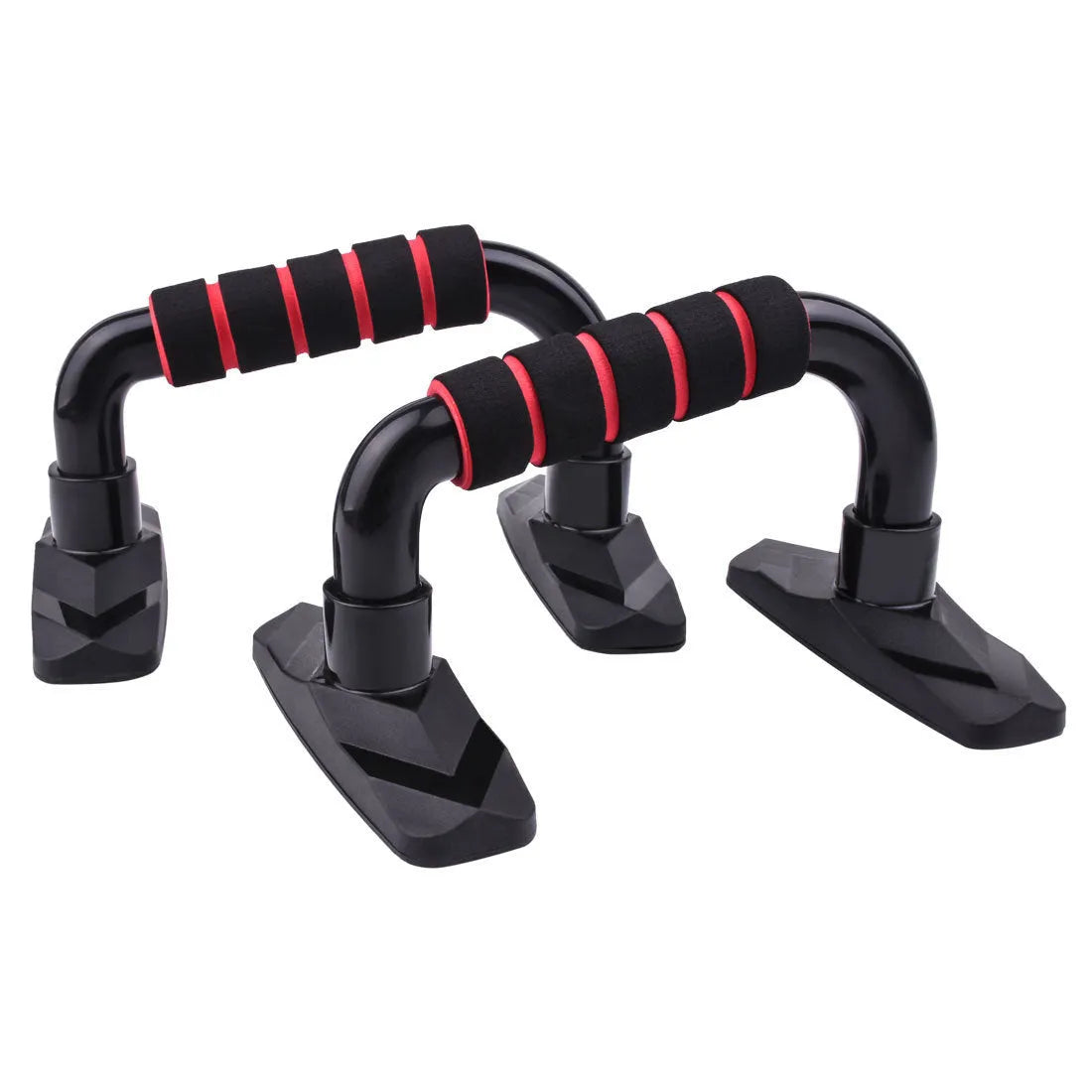 Pair of I-shaped black push up bars with textured PP sponge handles for strength training.