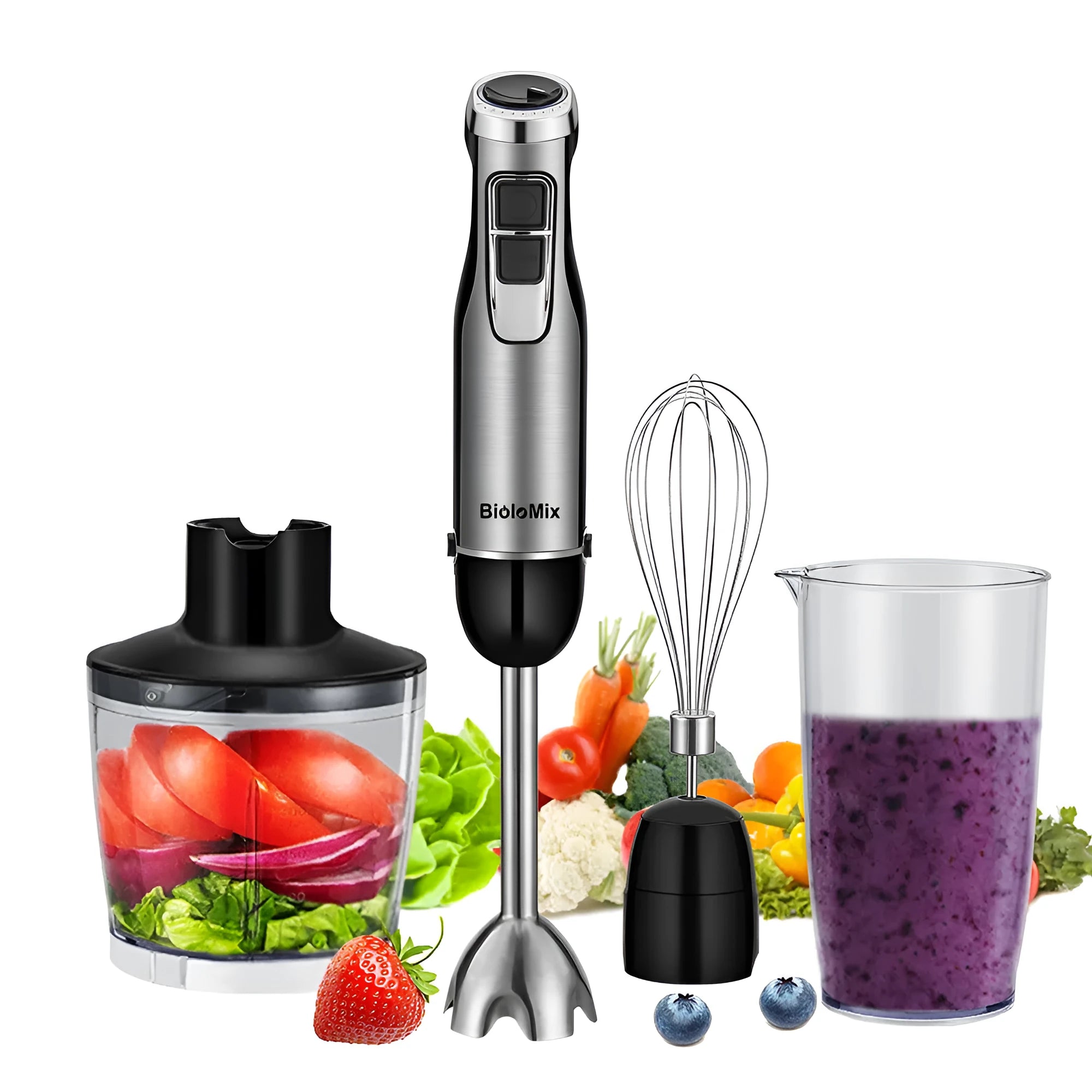 Silver Biolomix hand blender set with stainless steel attachments, chopper bowl, and blending beaker on a kitchen counter
