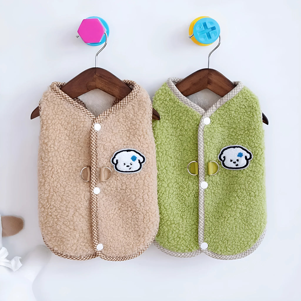 Green thickened coral fleece dog vest with a metal leash ring on a small dog.