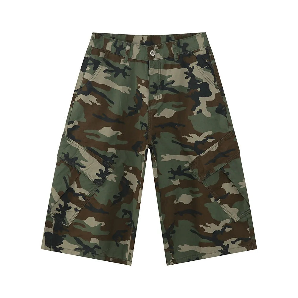 Men's camouflage cropped jeans with wide leg loose fit and American side stitching detail