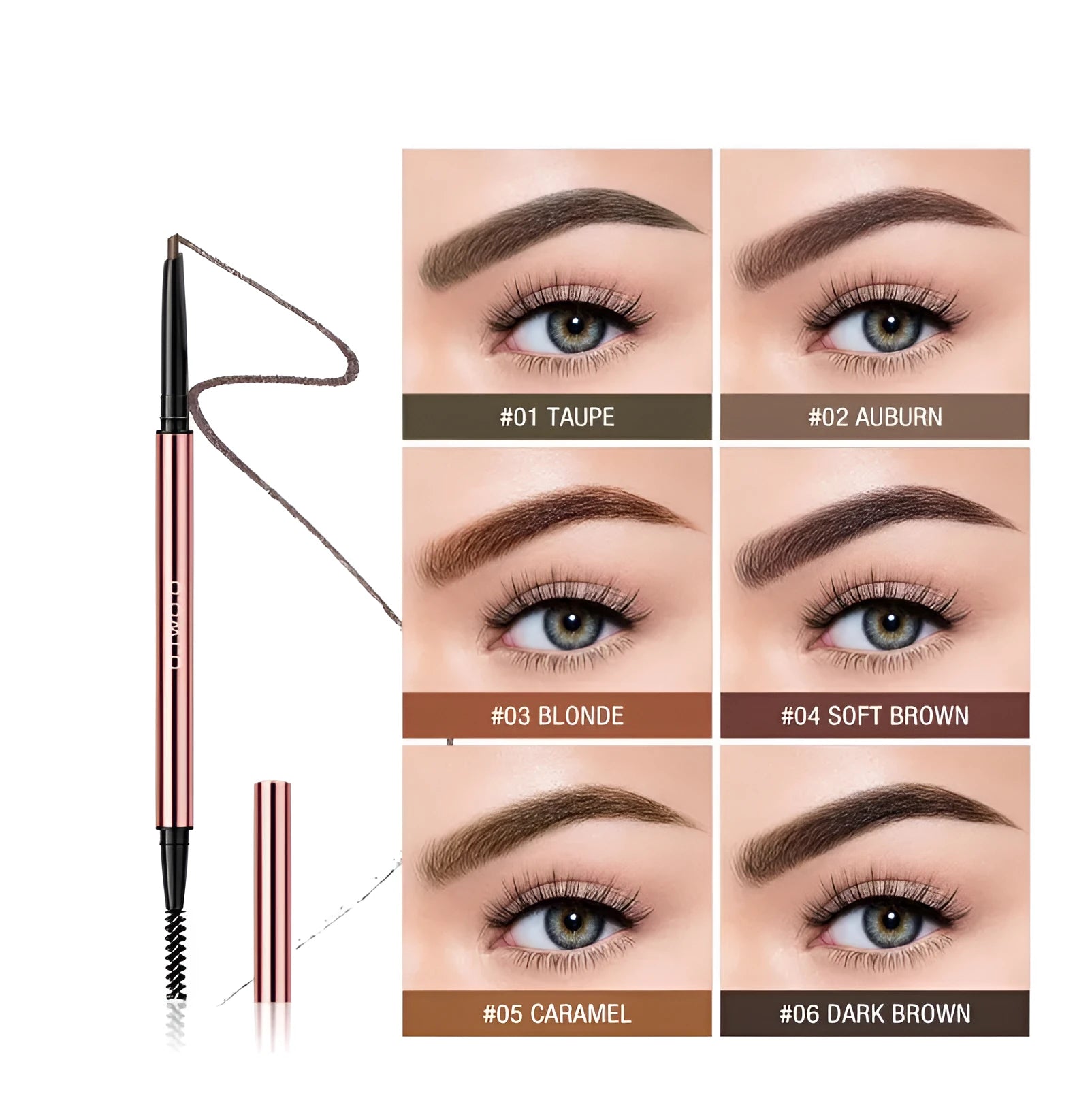 Eyebrow make-up pencil in six colours including blonde and auburn, shown with its colour box packaging.