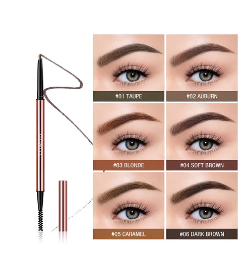 Brow make-up pencil in colour box with six shade options: Auburn, Blonde, Caramel, Dark Brown, Soft Brown, Taupe.
