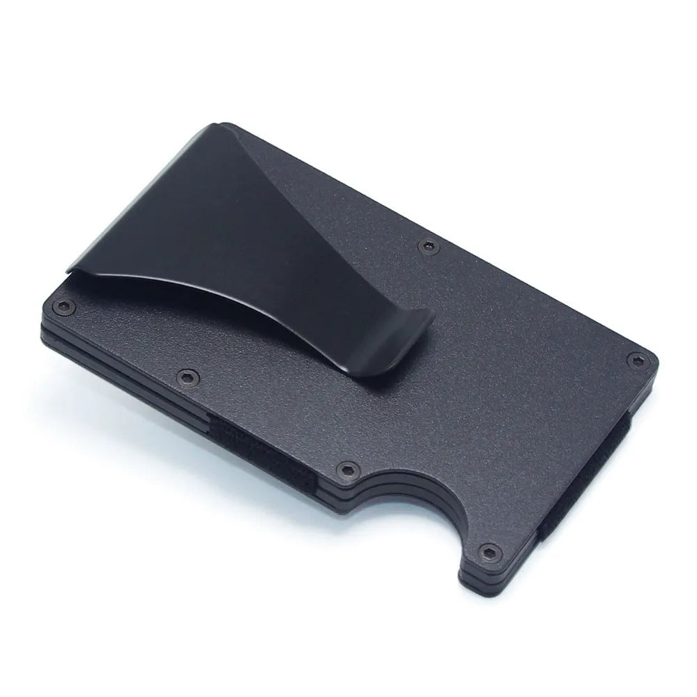 Geometric aluminium and carbon fibre card holder in multiple colours on a table, showing slim 8mm profile.