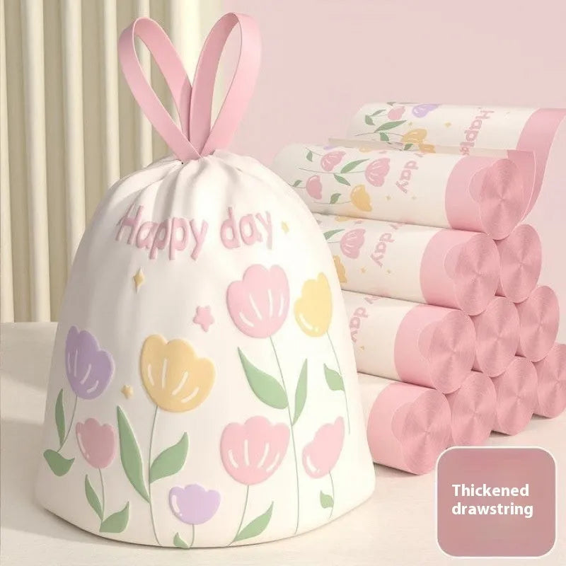 Pink drawstring degradable garbage bags with wormwood, shown in a pack, dimensions 44cm by 48cm.