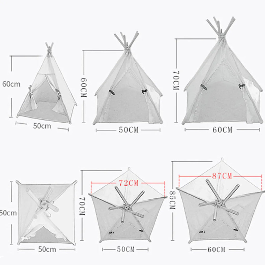 Striped flax and linen teepee tent pet bed for a small dog or cat, shown with a cushion inside.
