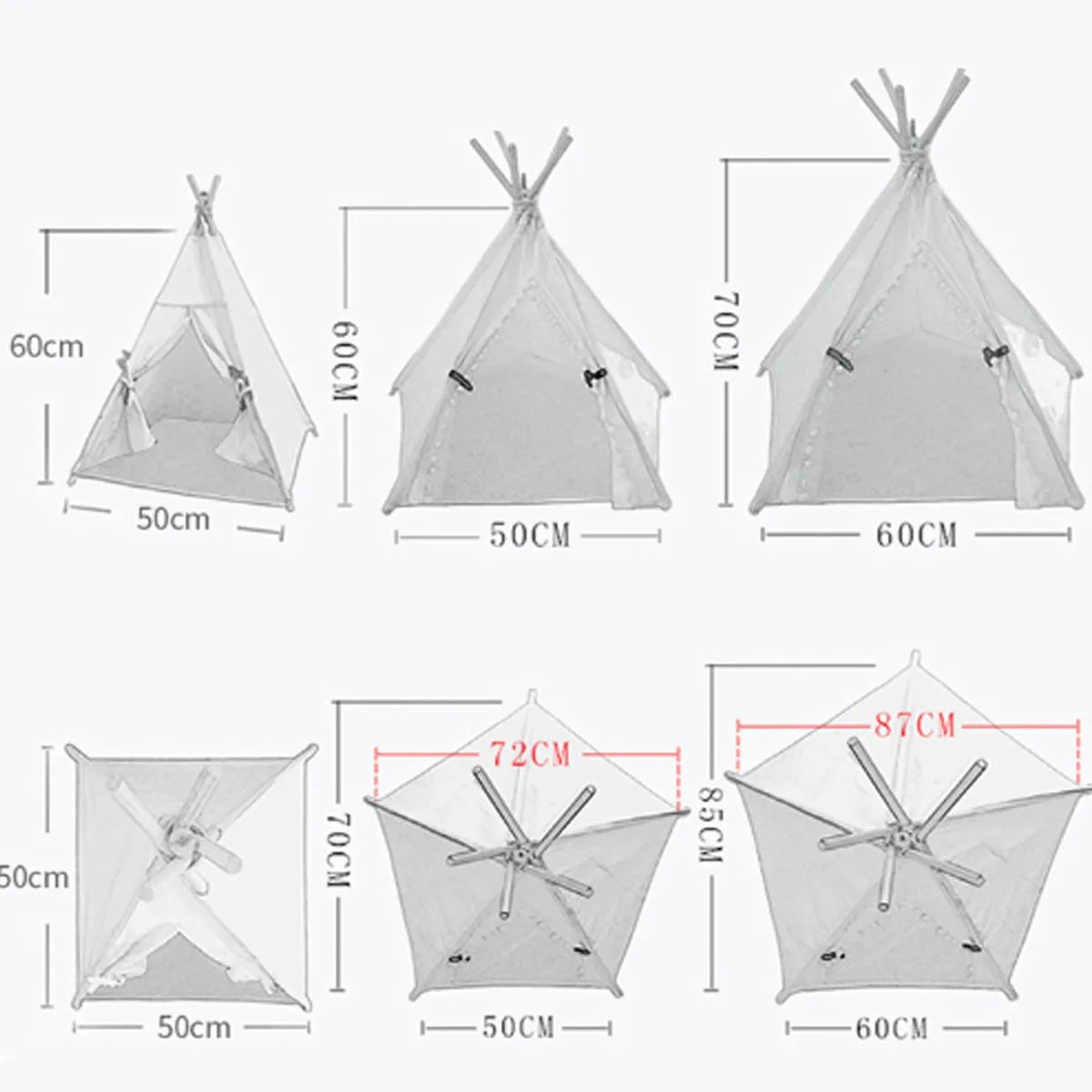 Striped flax and linen teepee tent pet bed for a small dog or cat, shown with a cushion inside.
