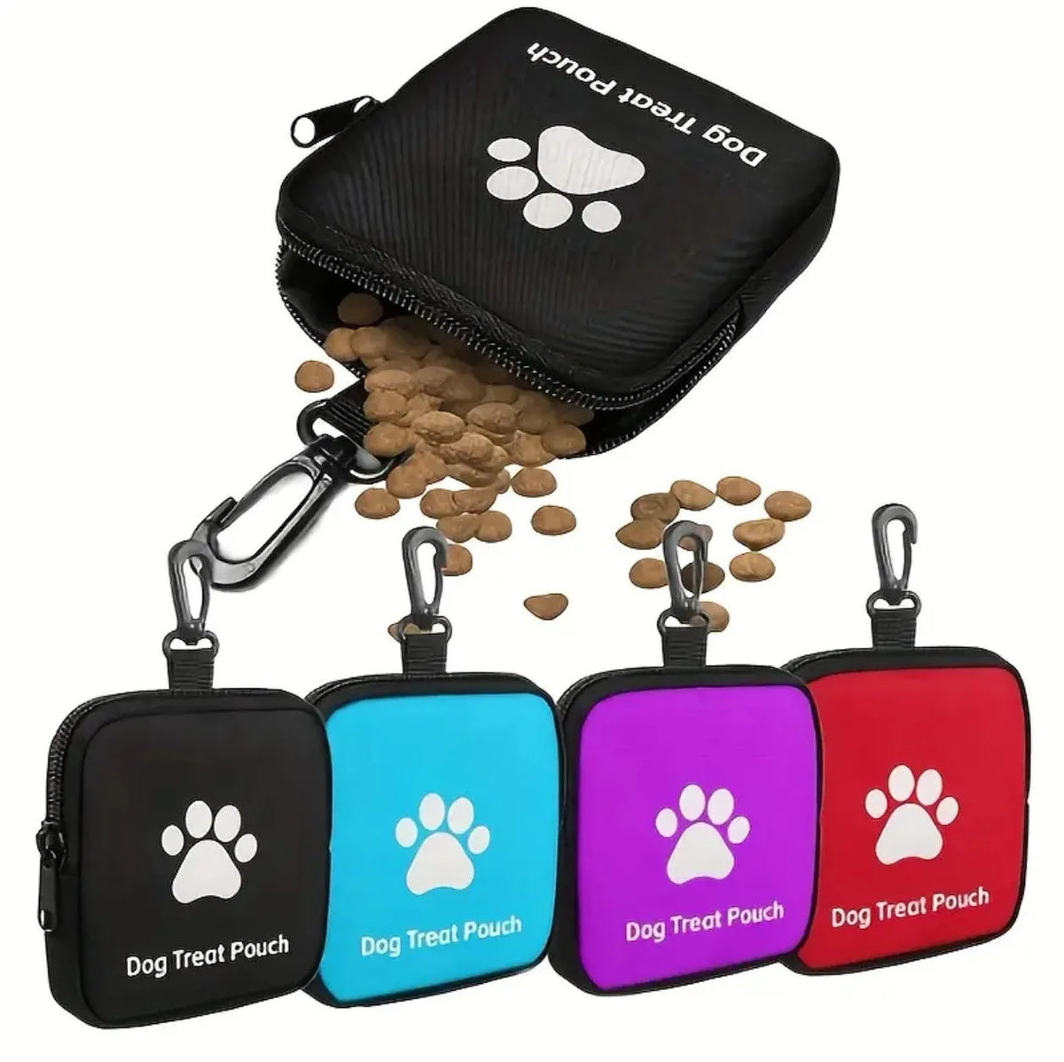 Portable Oxford cloth pet snack pack with zipper closure in red, black, purple, or blue