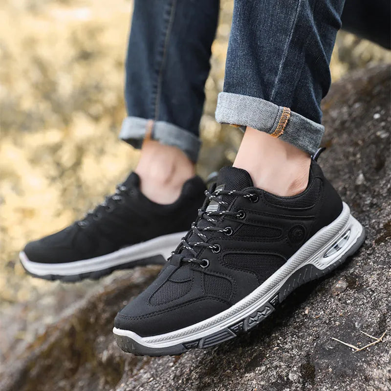 Men's breathable mesh sneakers with EVA sole, elastic lace-up fit, black camel grey, sizes 39 to 45