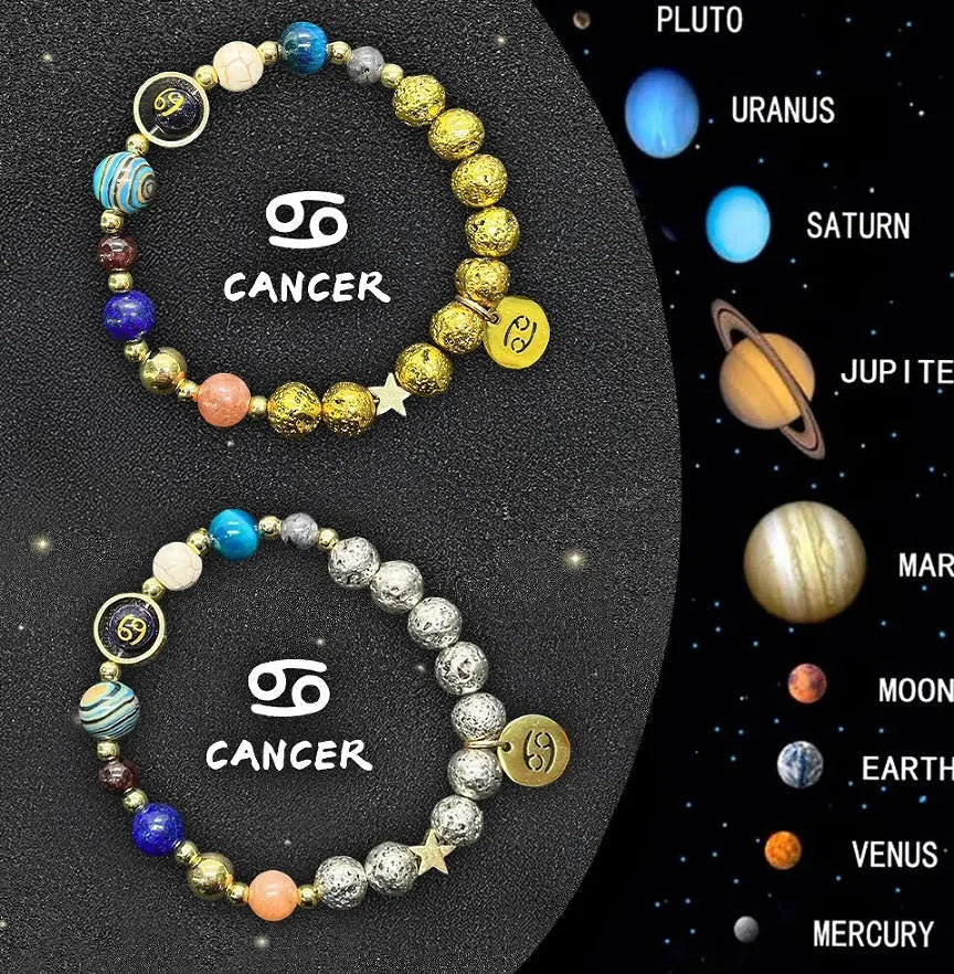 Natural stone bead zodiac bracelets for twelve astrological signs with adjustable cord.