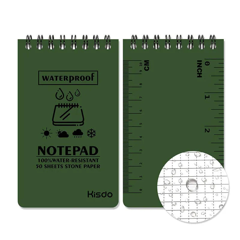 A5 spiral-bound waterproof notepad with PP cover and stone paper, shown in camouflage colour option.