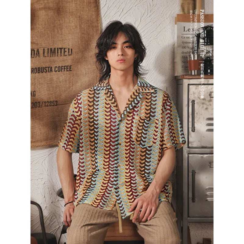 Japanese style Cuban collar fleece-lined short sleeve shirt in grey with jacquard detail.