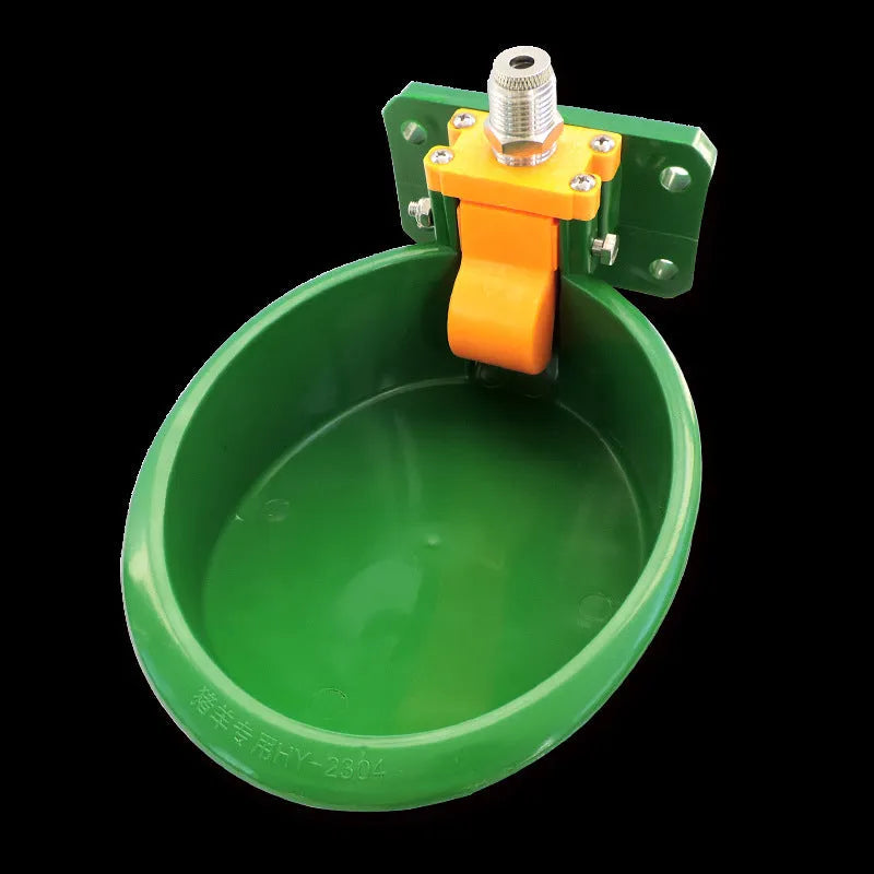Green plastic livestock drinking bowl with water nozzle for sheep and pigs