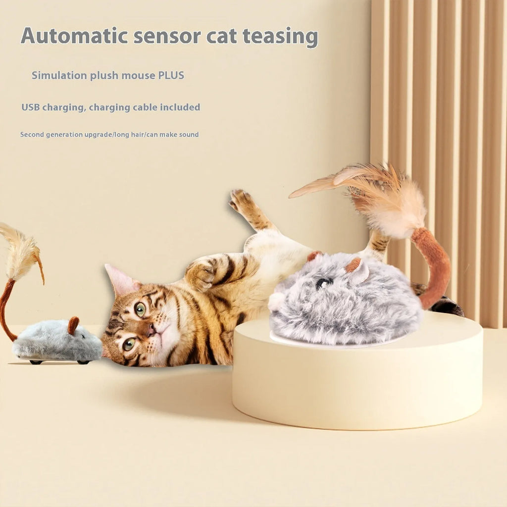 Electric cat pole toy with a moving plush mouse in pink, dark grey, or purple colours.