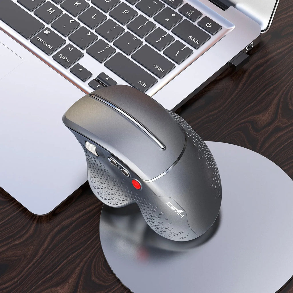 T32 vertical ergonomic wireless mouse in black matte finish showing side grip and aluminium roller.