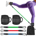 Set of three blue TPE resistance bands (10lb, 20lb, 30lb) with ankle buckles, two black foot loops, and a grey storage bag.