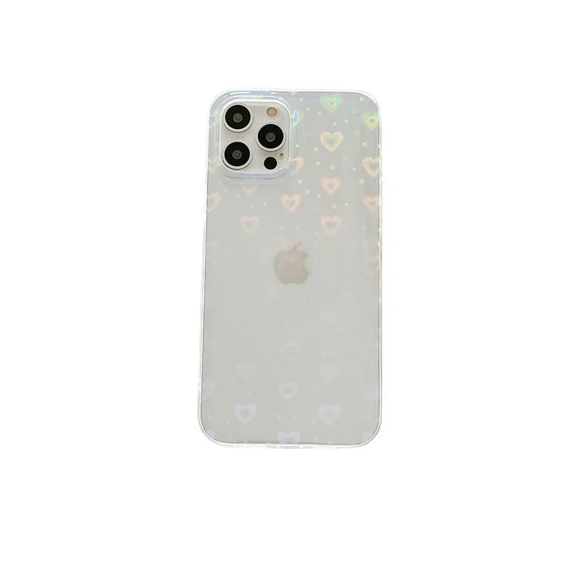 Transparent silicone iPhone case with laser-engraved colourful love motifs and butterfly decoration options