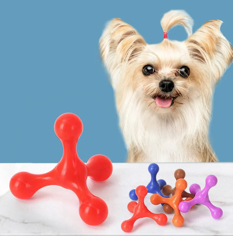 Blue beef-flavoured silicone chew toy for small puppies with three legs, shown next to a ruler measuring 9.5cm.
