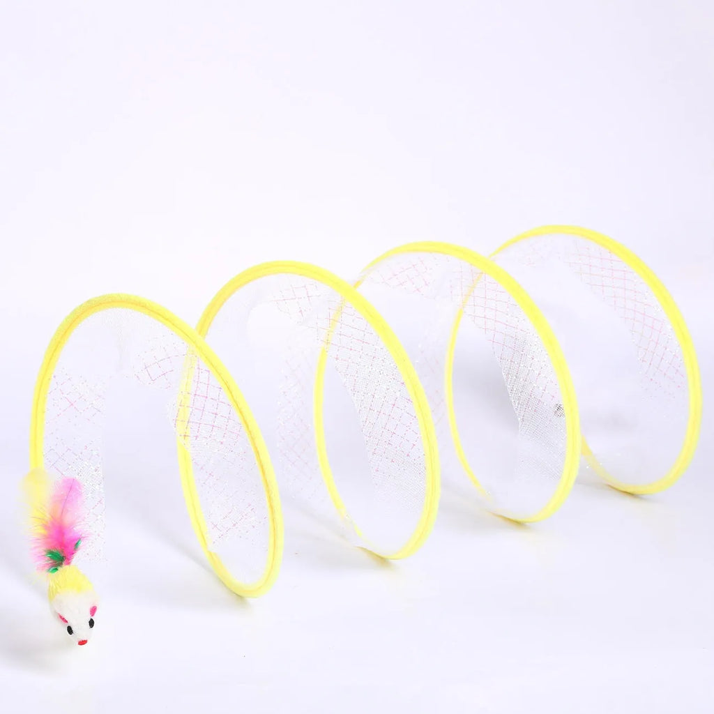 Steel wire frame cat tunnel toy with elastic net material and feather attachments for interactive pet play