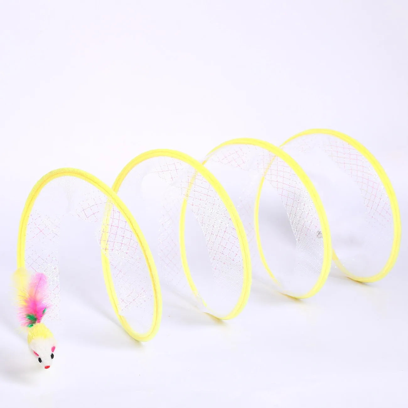 Steel wire frame cat tunnel toy with elastic net material and feather attachments for interactive pet play