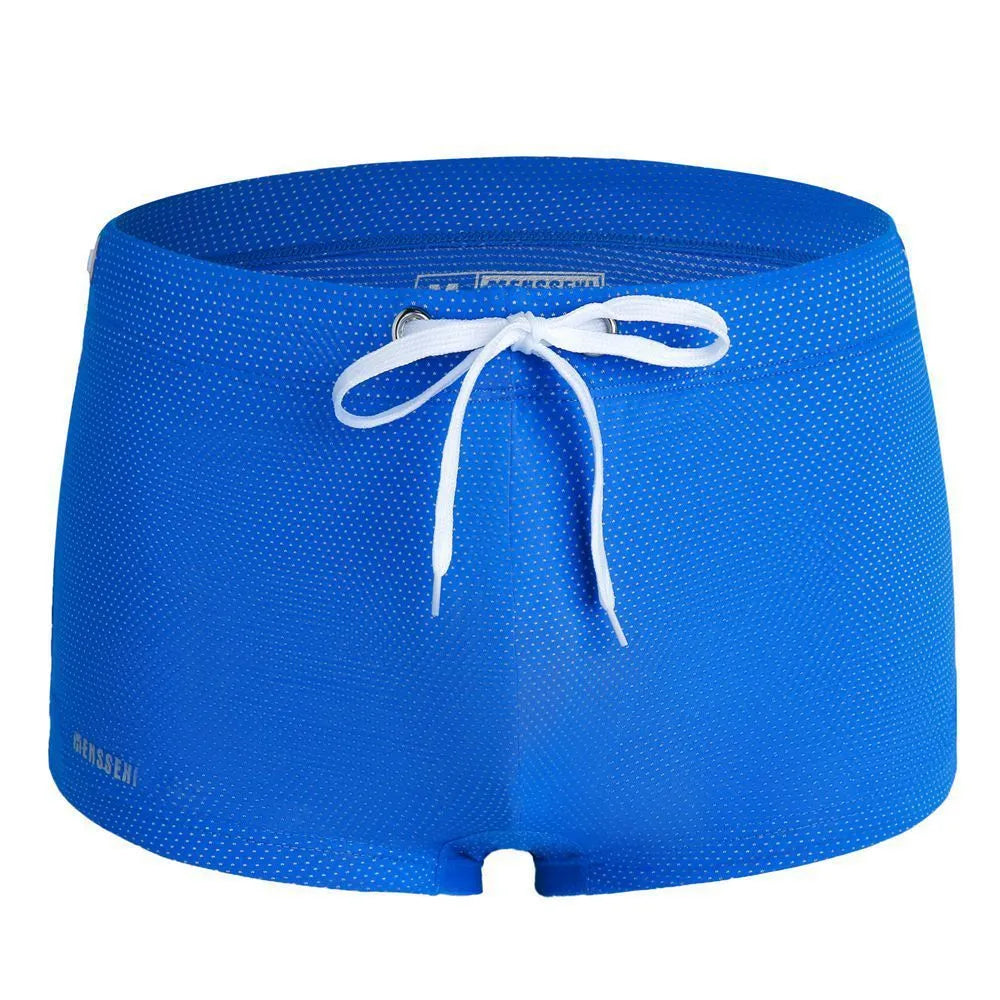 Men's low waist lace nylon boxer swimming trunks in multiple colours on a white background