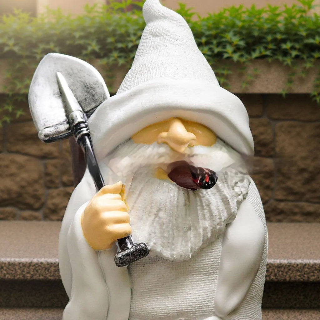 Christmas garden resin ornament depicting pipe dwarf figure holding smoking shovel