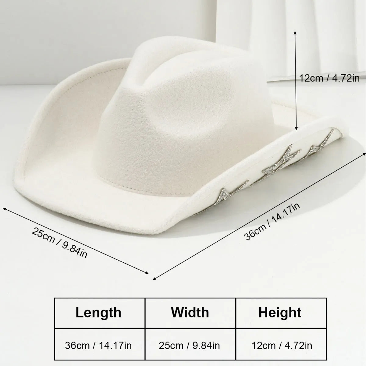 Beige woolen felt western style top hat with a conical crown and a silver hexagonal star decoration on the front.