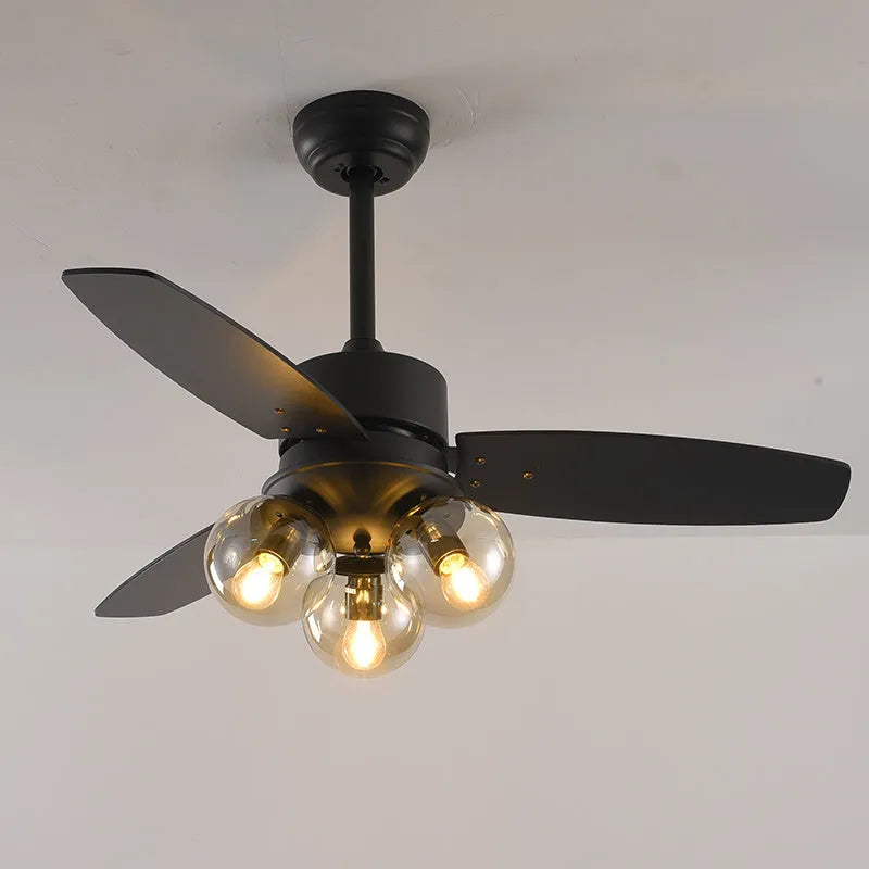 Ceiling fan light with wood blades and glass shade, 42 inch, available in black finish for living room use