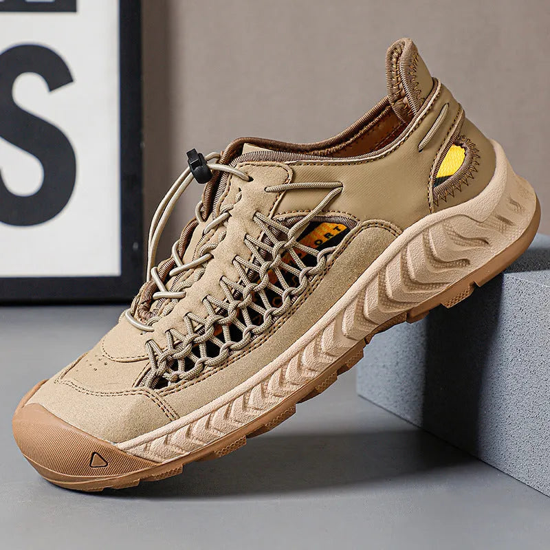 Men's grey hand-woven closed toe sandals with an elastic band and rubber sole