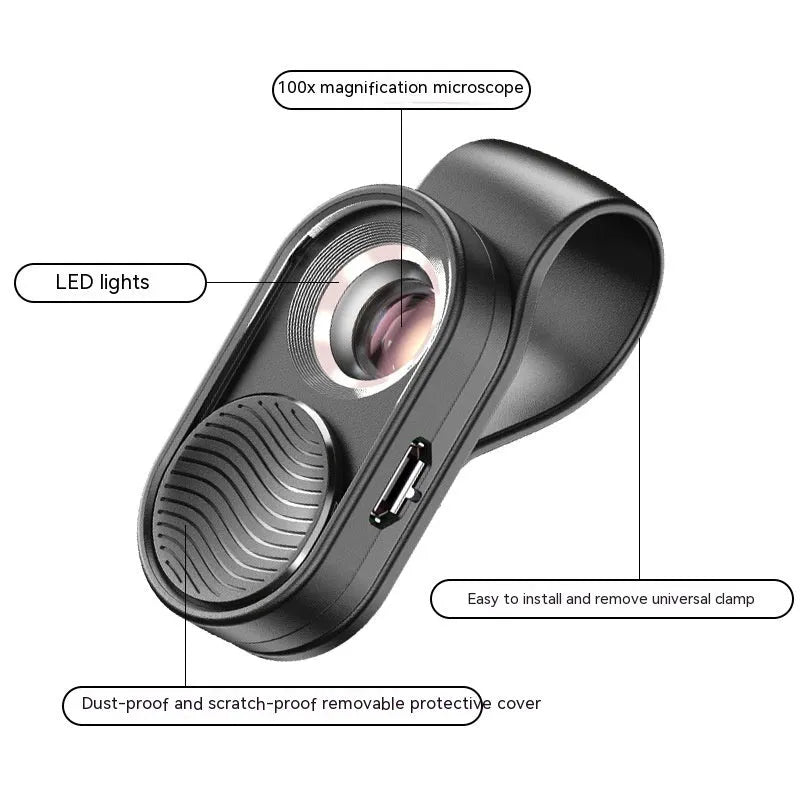 Black mobile magnification microscope with LED light clipped onto smartphone for macro photography